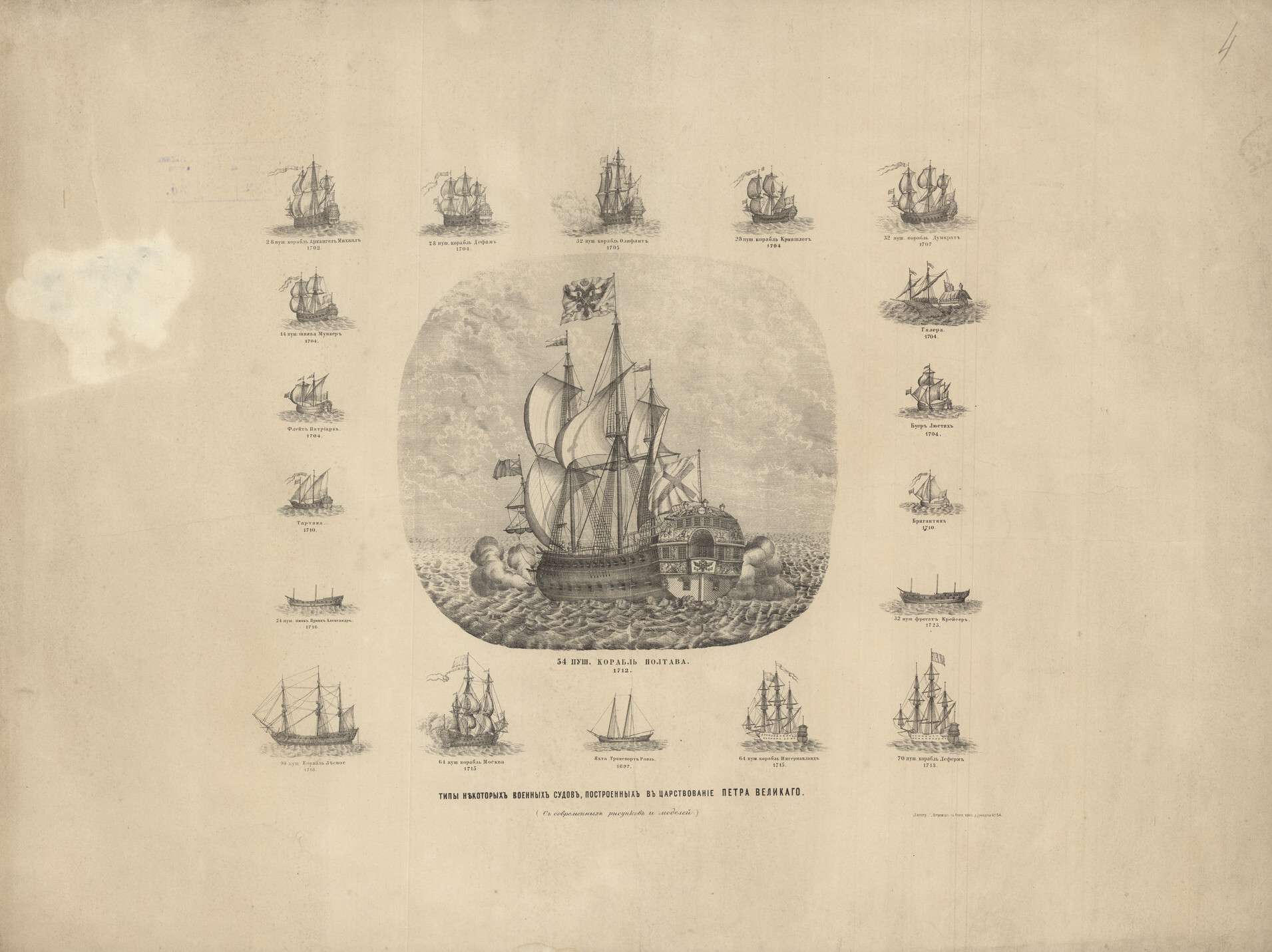 Типы военных судов, построенных
в царствование Петра Великого. 
 

Литография, XIX век 

РГАВМФ 